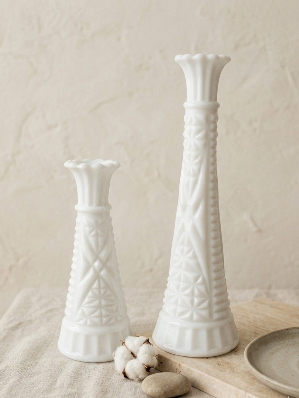 Anchor Hocking White Milk Glass Stars Bars Vase Set Vintage 9" 6" Fluted Scallop